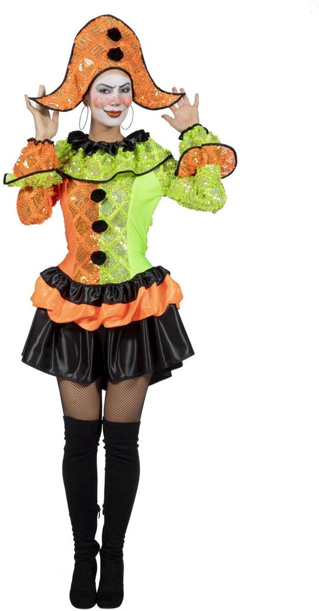 Harlequin Kostuum | Knal Gekleurde Neon Harlekijn Met Maffe Hoed | Vrouw | Maat 36 | Carnaval kostuum | Verkleedkleding